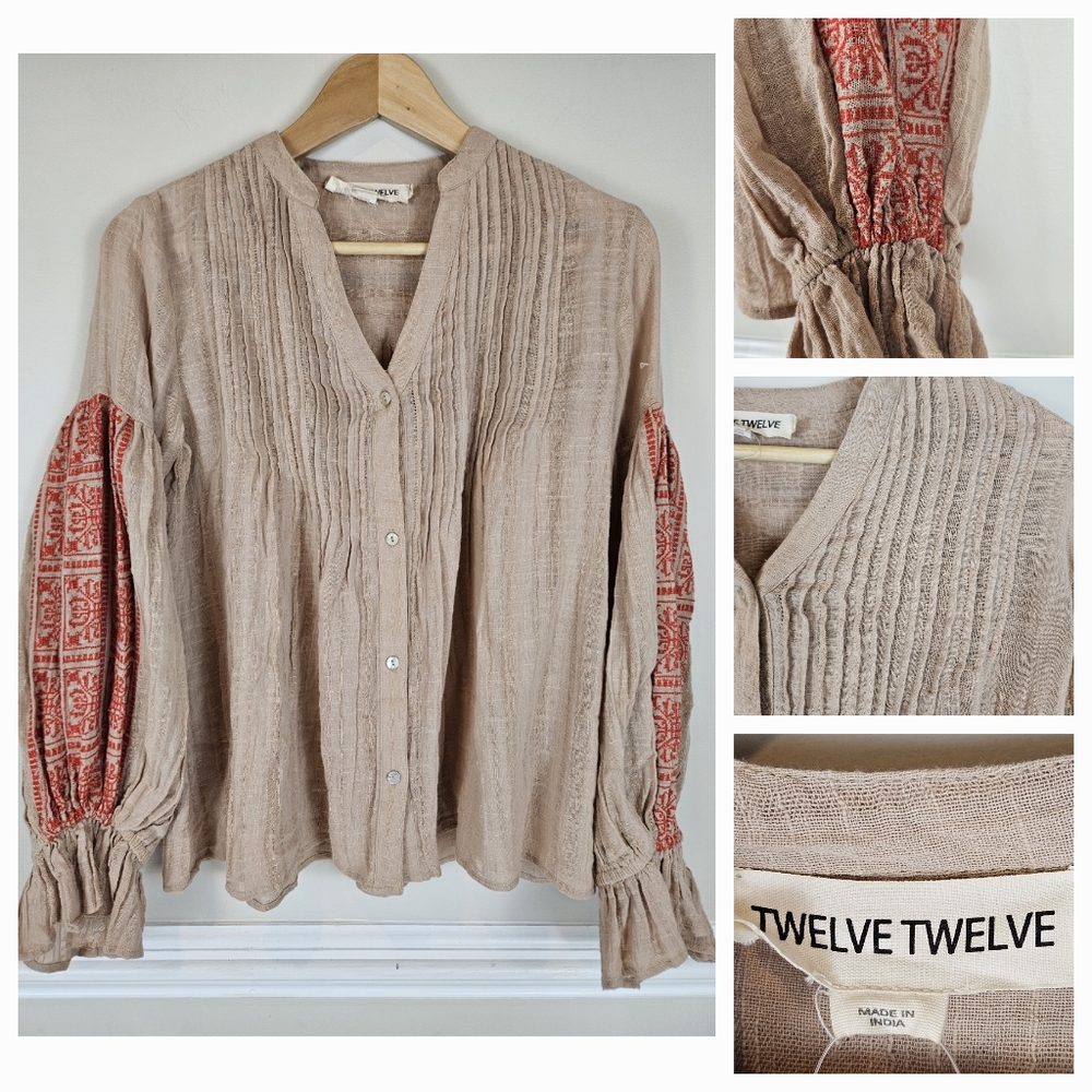 Twelve Twelve Embroidered Sleeve Boho Cotton Long Sleeve Top XS A0813